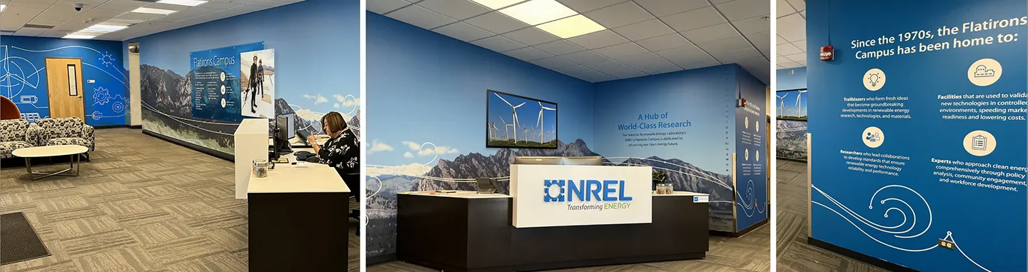 NREL Flatirons Campus lobby with a branded reception desk, mountain and wind turbine murals, and a campus history wall