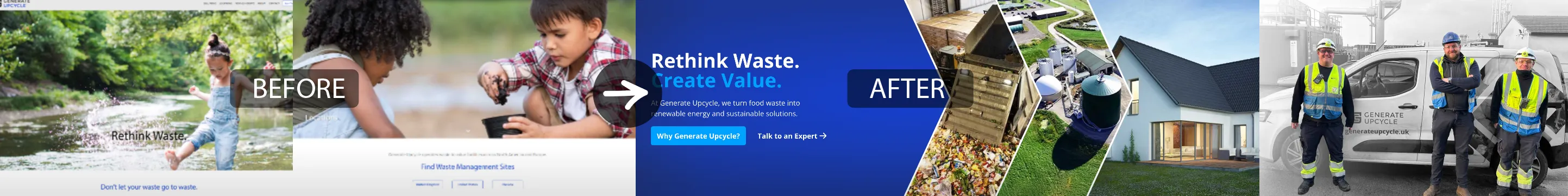 Generate Upcycle homepage before and after: a generic nature hero replaced by "Rethink Waste. Create Value." with facility and team photos