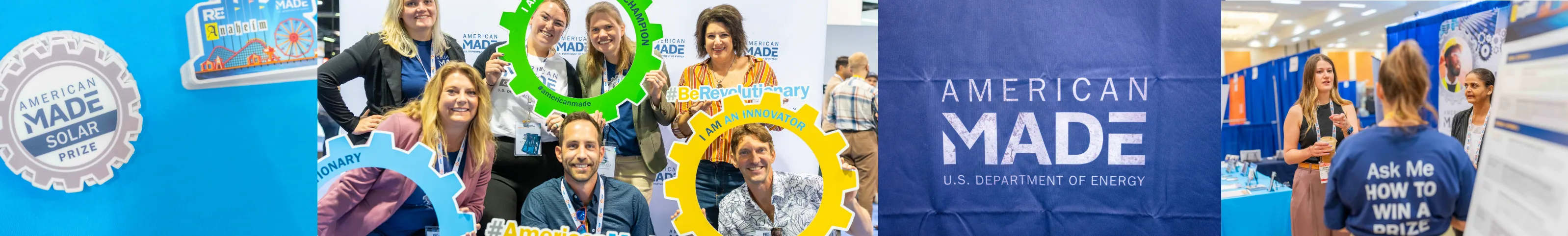 American-Made Challenges brand in use: badge graphic, team photos with gear frames, and event staff in branded shirts