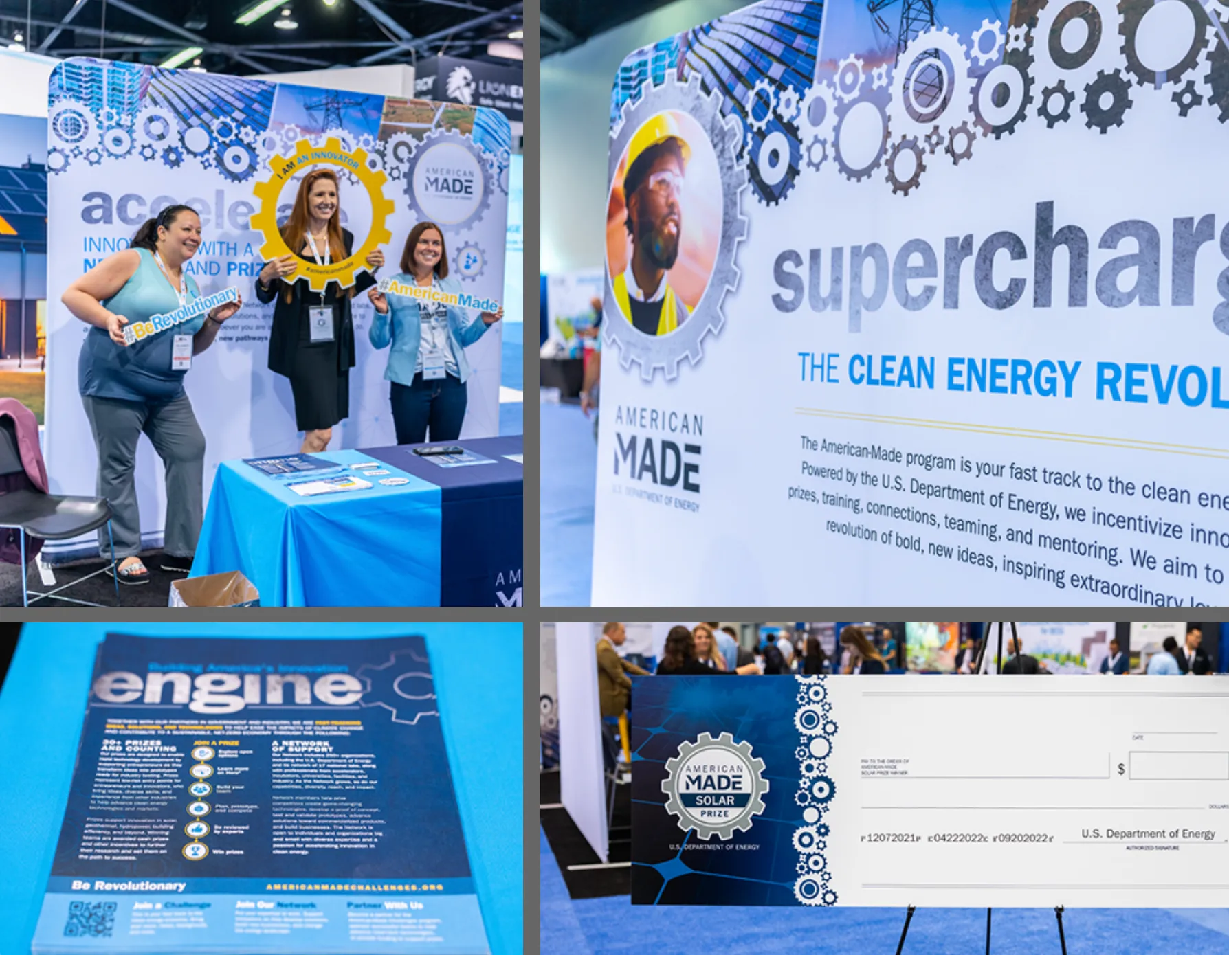 American-Made Challenges event collage: exhibit booth, prize props, event banners and a Solar Prize check presentation